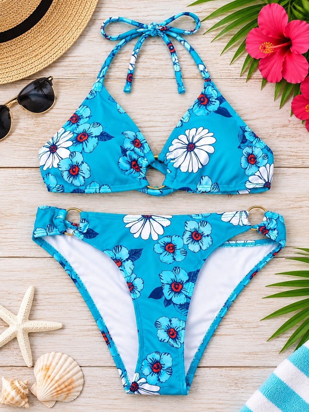Cute Blue Floral Two Piece Bathing Suit Girls.